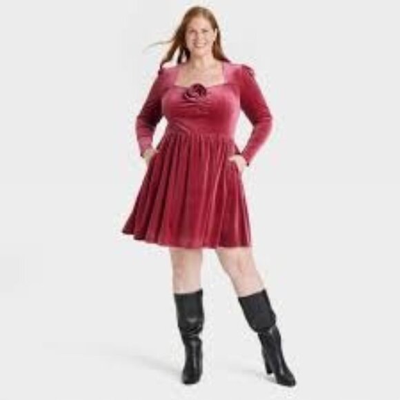Ava & Viv Women's Mini Dress  Long Sleeve Rosette Midi A-Line Red Size 2X Velvet - Picture 1 of 7